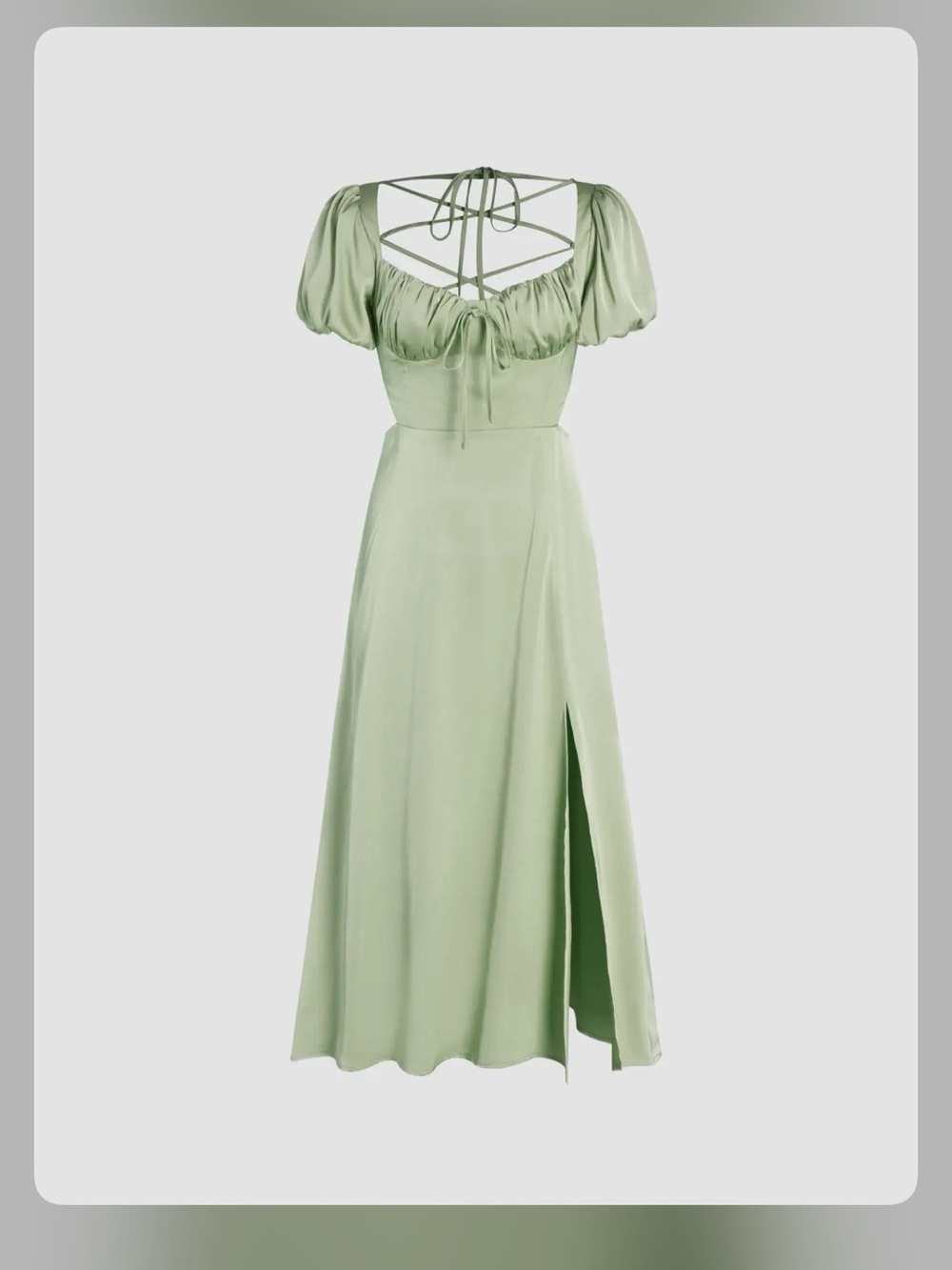 SATIN KNOTTED PUFF SLEEVE SPLIT MIDI DRESS - Picture 5 of 12